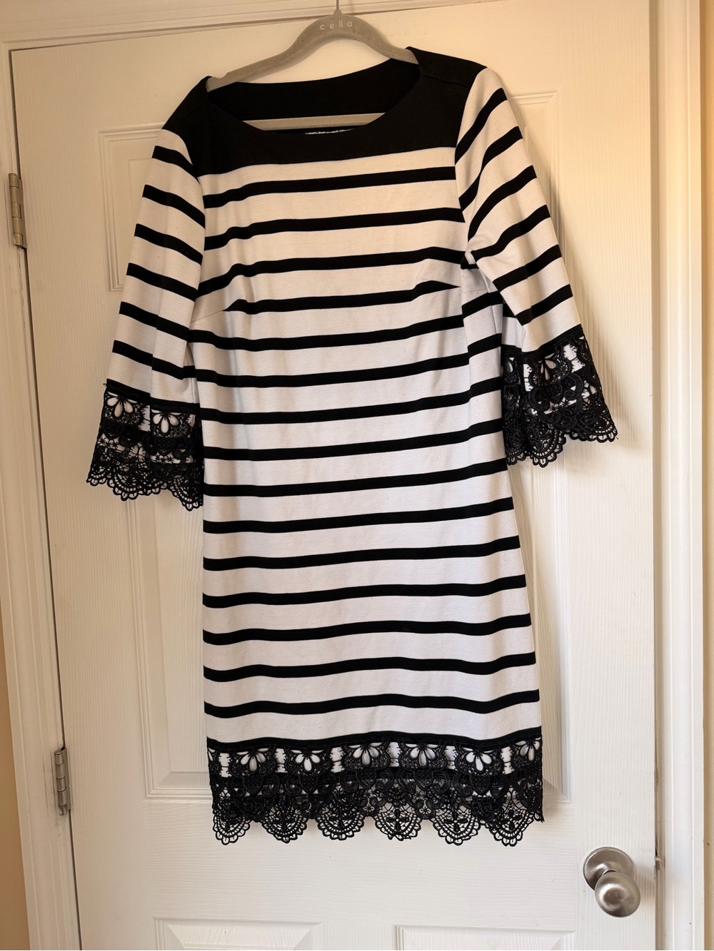 Beige by eci Black & White Striped Lace-Trim Midi Dress
